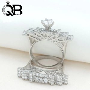حلقه و پشت حلقه نقره جواهری با سنگ باگت و برلیان