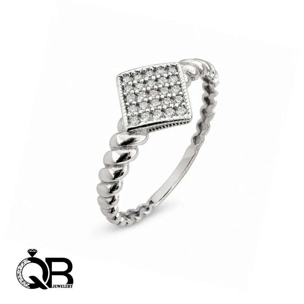 minimal-square-pave-silver-ring-a197-1 انگشتر نقره زنانه طرح مربع نگیندار رکاب طنابی ظریف A197